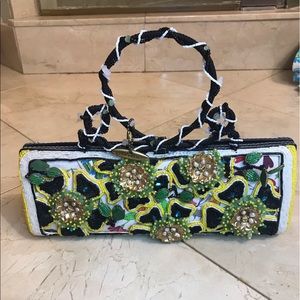 Mary Frances Beaded Floral Wristlet with Braided Handle